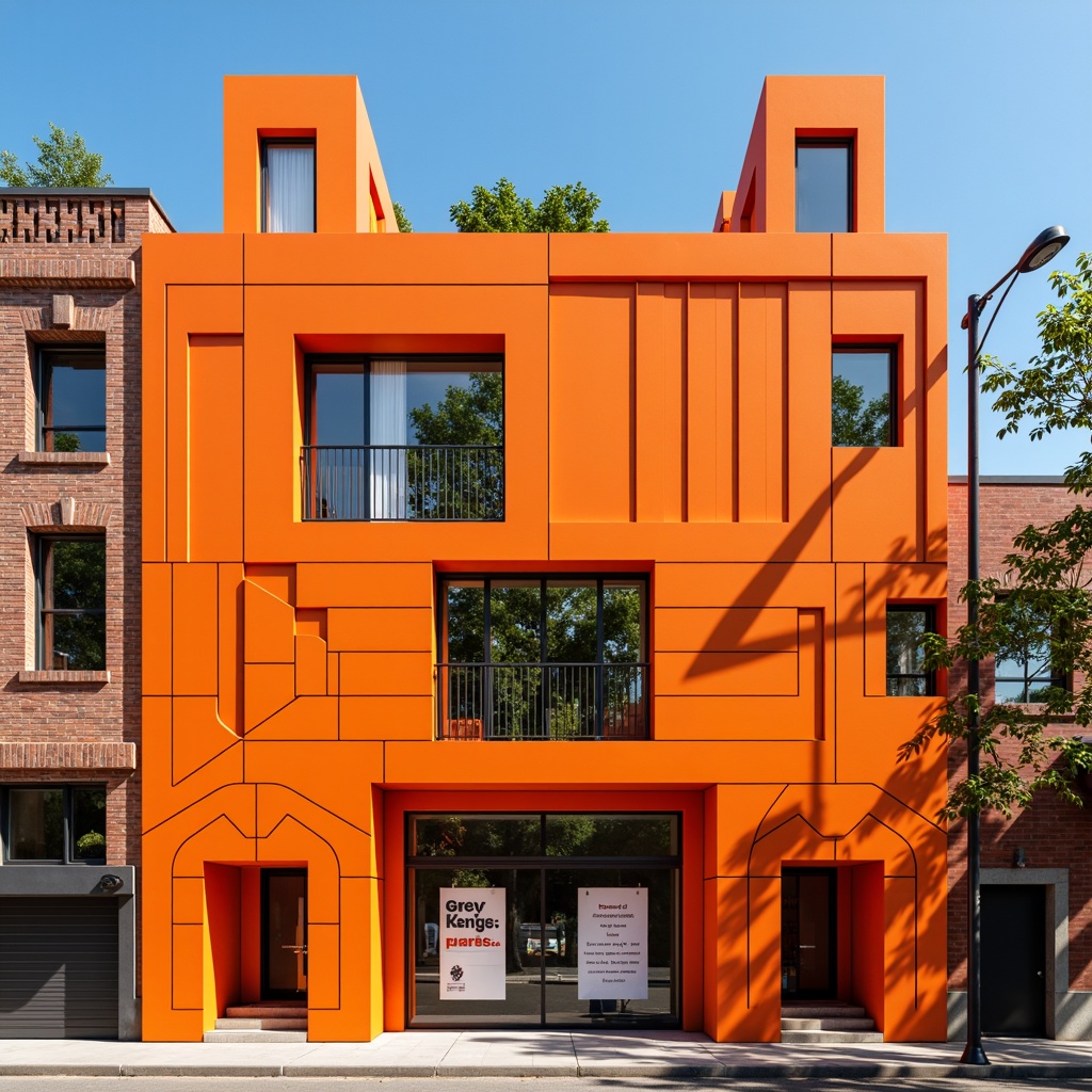 Prompt: Vibrant orange walls, geometric shapes, bold black outlines, decorative metal accents, asymmetrical windows, irregularly shaped doors, playful brick patterns, educational signage, modernist typography, dynamic angular lines, fragmented forms, abstract art installations, urban cityscape backdrop, clear blue sky, warm sunny day, soft natural lighting, 3/4 composition, shallow depth of field, realistic textures, ambient occlusion.