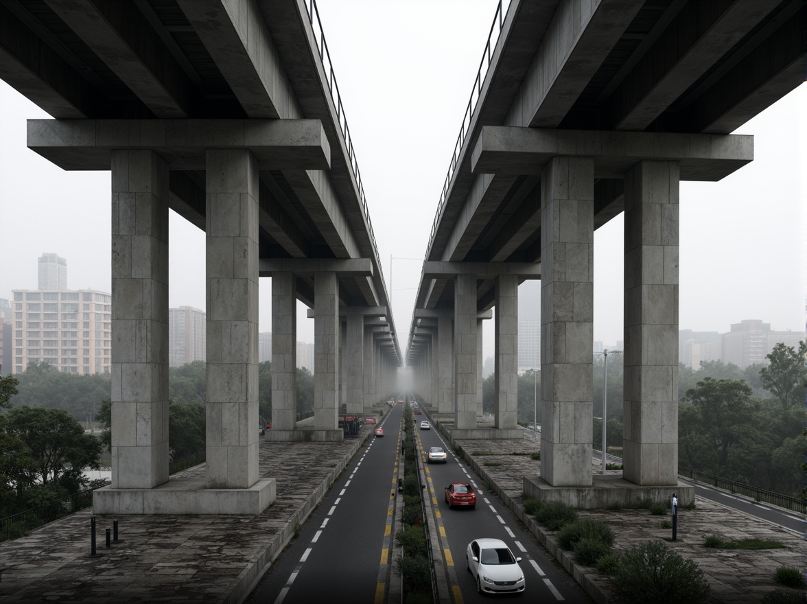 Prompt: Massive concrete piers, rugged stone foundations, exposed ductwork, raw unfinished textures, monumental steel beams, cantilevered roadways, asymmetrical compositions, brutalist architectural style, dramatic lighting effects, low-angle photography, misty atmospheric conditions, urban cityscape backdrop, busy highway traffic, industrial landscape, weathered metal railings, chunky concrete abutments, geometric patterned bridge decks.