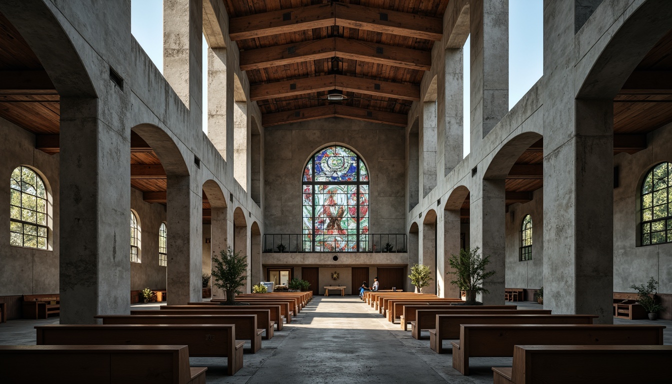 Prompt: Rugged church fa\u00e7ade, raw concrete walls, brutalist architectural style, dramatic angular lines, fortress-like structure, heavy stone foundation, weathered wooden accents, oxidized metal details, industrial-style lighting fixtures, minimalist interior design, natural light pouring through clerestory windows, atmospheric shadows, cinematic composition, high contrast ratio, moody color palette, rough-hewn stone floors, distressed wood pews, abstract stained glass art.