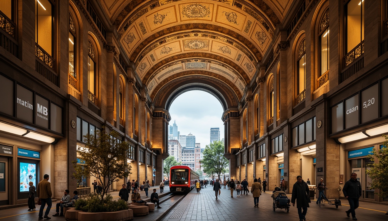 Prompt: Grandiose metro station, Romanesque archways, ornate stonework, vaulted ceilings, intricate mosaics, warm golden lighting, bustling pedestrian traffic, modern transportation systems, sleek trains, futuristic signage, urban cityscape, busy streets, towering skyscrapers, lush greenery, vibrant street art, shallow depth of field, 1/2 composition, realistic textures, ambient occlusion.