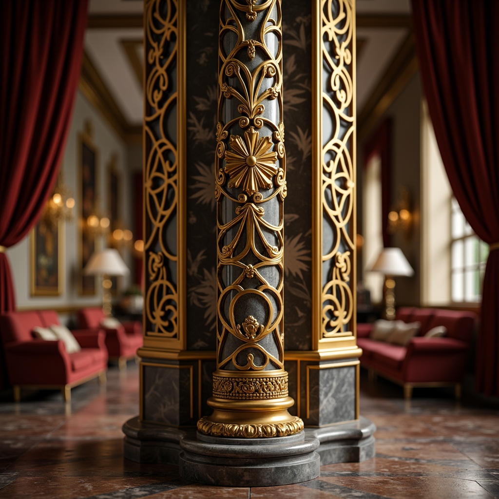 Prompt: Ornate column, golden ornaments, intricate carvings, ornamental capitals, curved lines, dramatic proportions, luxurious marble materials, polished bronze details, grandiose architecture, opulent decorations, lavish furnishings, rich velvet fabrics, warm golden lighting, shallow depth of field, 1/1 composition, symmetrical balance, realistic textures, ambient occlusion.