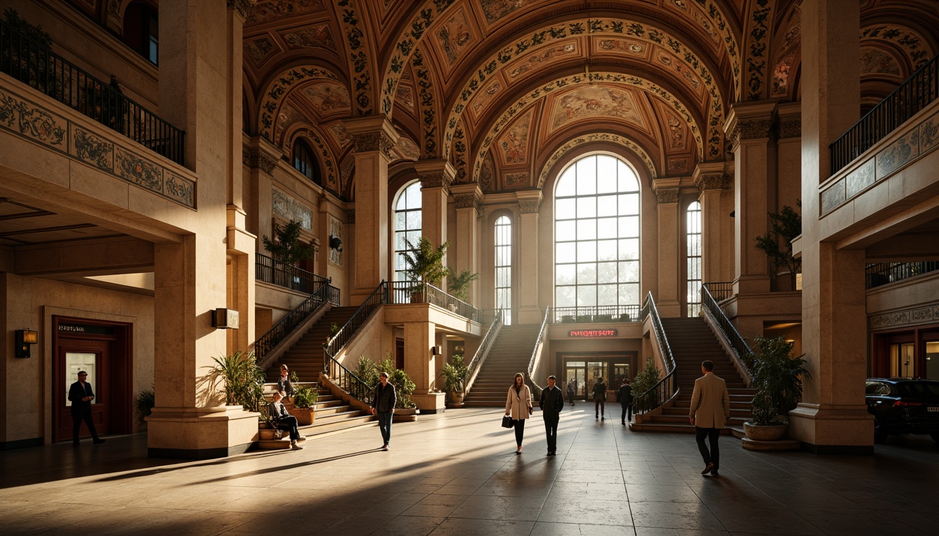 Prompt: Grand metro station, Romanesque archways, vaulted ceilings, ornate columns, rusticated stone walls, elegant staircases, intricate mosaics, vintage lanterns, warm golden lighting, busy urban atmosphere, morning rush hour, shallow depth of field, 1/2 composition, realistic textures, ambient occlusion.