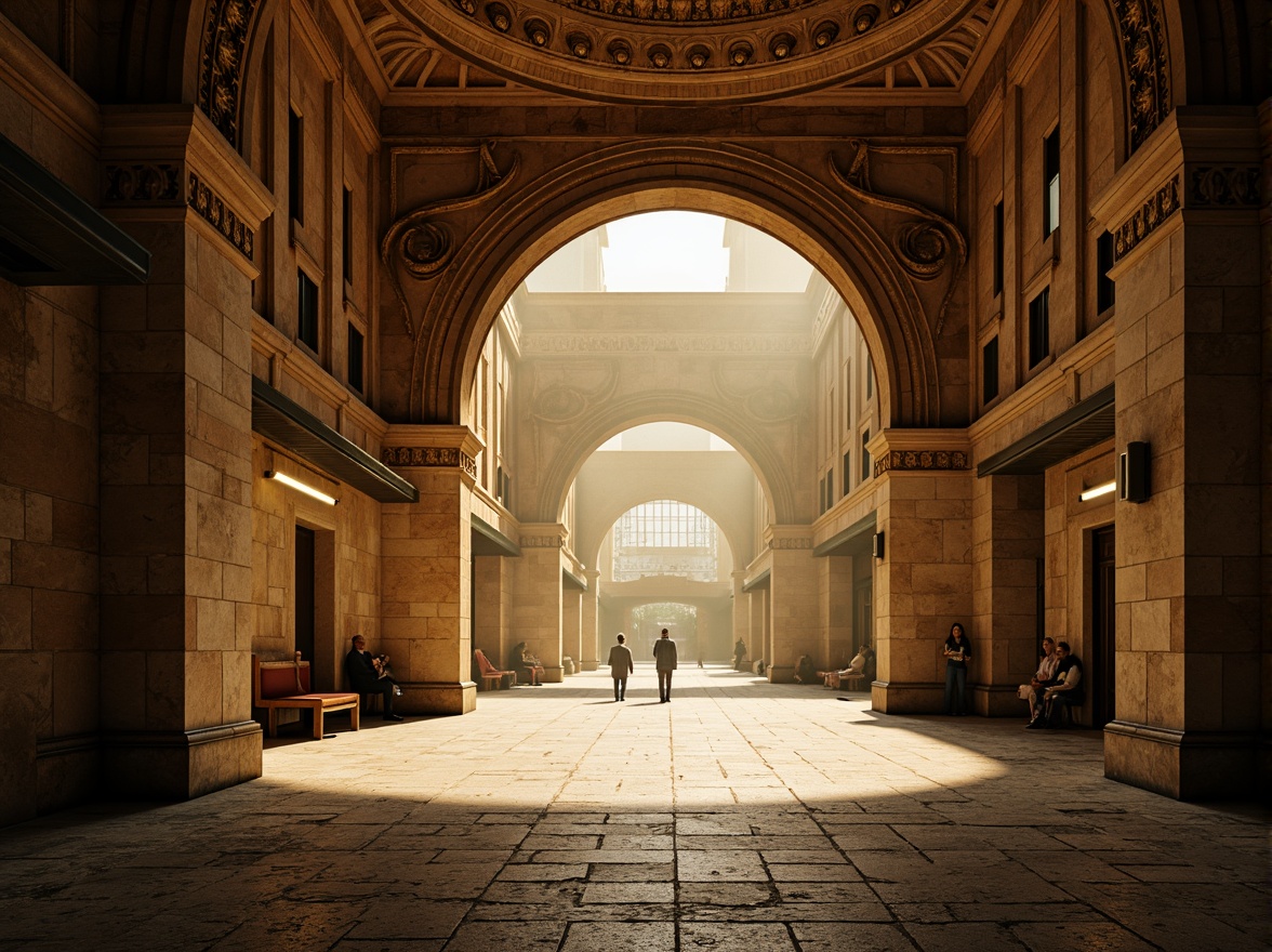 Prompt: Ancient Romanesque metro station, grand archways, rusticated stone walls, ornate carvings, decorative columns, vaulted ceilings, intricate stonework patterns, weathered granite flooring, warm golden lighting, atmospheric fog, cinematic mood, dramatic shadows, symmetrical composition, 1/2 format ratio, high-contrast textures, ambient occlusion.