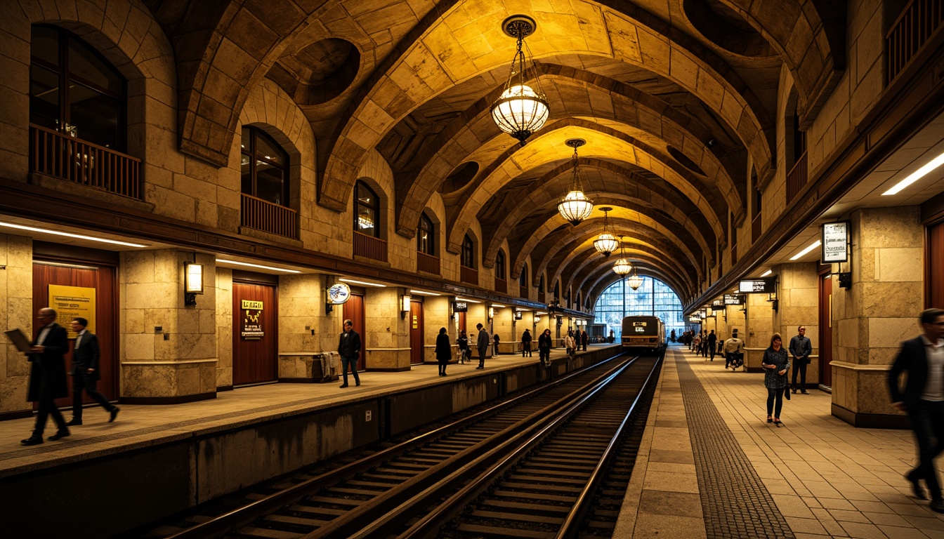 Prompt: Rustic metro station, Romanesque architecture, arched ceilings, stone masonry walls, ornate columns, intricate carvings, grandiose chandeliers, warm yellow lighting, cozy atmosphere, busy urban surroundings, subway tracks, modern transportation systems, vintage-inspired signage, distressed stonework textures, rich earthy tones, high-contrast dramatic shadows, cinematic composition, atmospheric perspective.