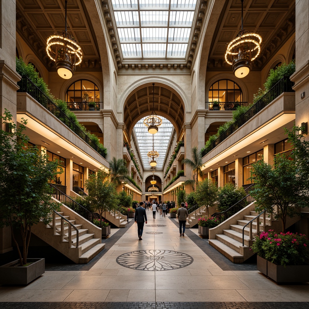 Prompt: Grand metro station, Romanesque archways, ornate stonework, lush greenery, vibrant flowers, natural stone flooring, intricate mosaics, grand staircases, elegant chandeliers, warm golden lighting, shallow depth of field, 3/4 composition, symmetrical architecture, urban cityscape, busy pedestrian traffic, modern transportation hub, sleek metal accents, ornate bronze details, classic European-inspired design, historic landmarks, cultural heritage preservation.