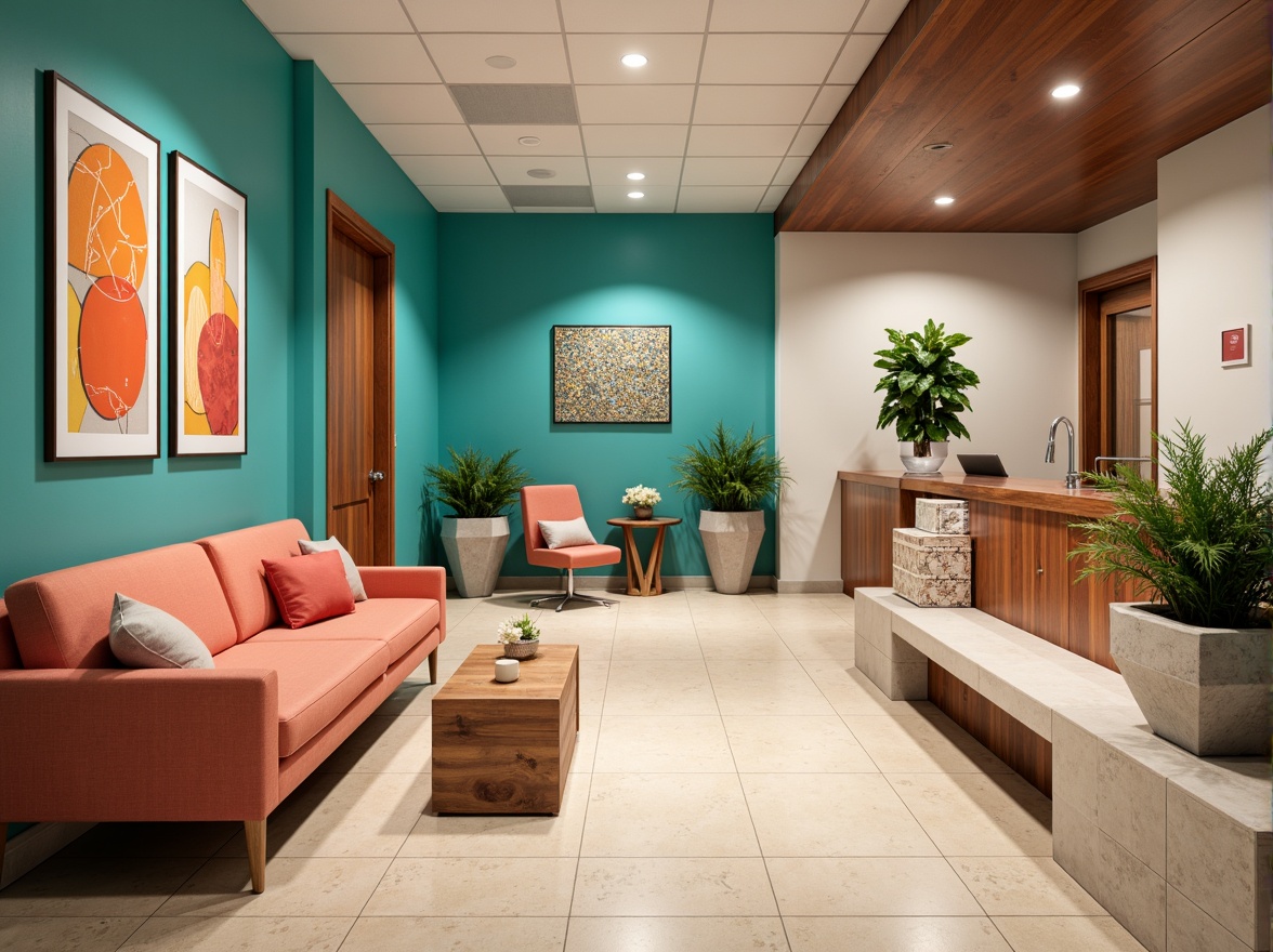 Prompt: Vibrant clinic interior, eclectic mix of styles, bold color palette, bright turquoise walls, warm beige floors, rich walnut wood accents, soft peach furnishings, playful polka-dot patterns, abstract artwork, sleek metal fixtures, natural stone countertops, geometric-shaped planters, lush greenery, modern LED lighting, shallow depth of field, 1/1 composition, realistic textures, ambient occlusion.