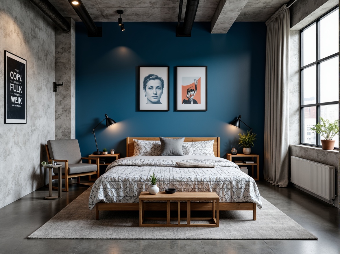 Prompt: Indigo accent wall, geometric patterned bedding, minimalist wooden furniture, functional metal lamps, industrial-style decor, monochromatic color scheme, bold typography posters, abstract art pieces, concrete flooring, industrial-chic pipes, urban loft atmosphere, natural light pouring in, shallow depth of field, 3/4 composition, panoramic view, realistic textures, ambient occlusion.