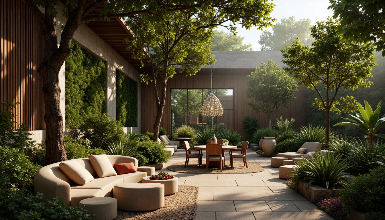 Prompt: Organic botanical elements, earthy tones, natural materials, reclaimed wood accents, stone walls, living green walls, floral patterns, leaf-inspired motifs, branch-like structures, nature-derived colors, soft warm lighting, shallow depth of field, 1/1 composition, realistic textures, ambient occlusion.