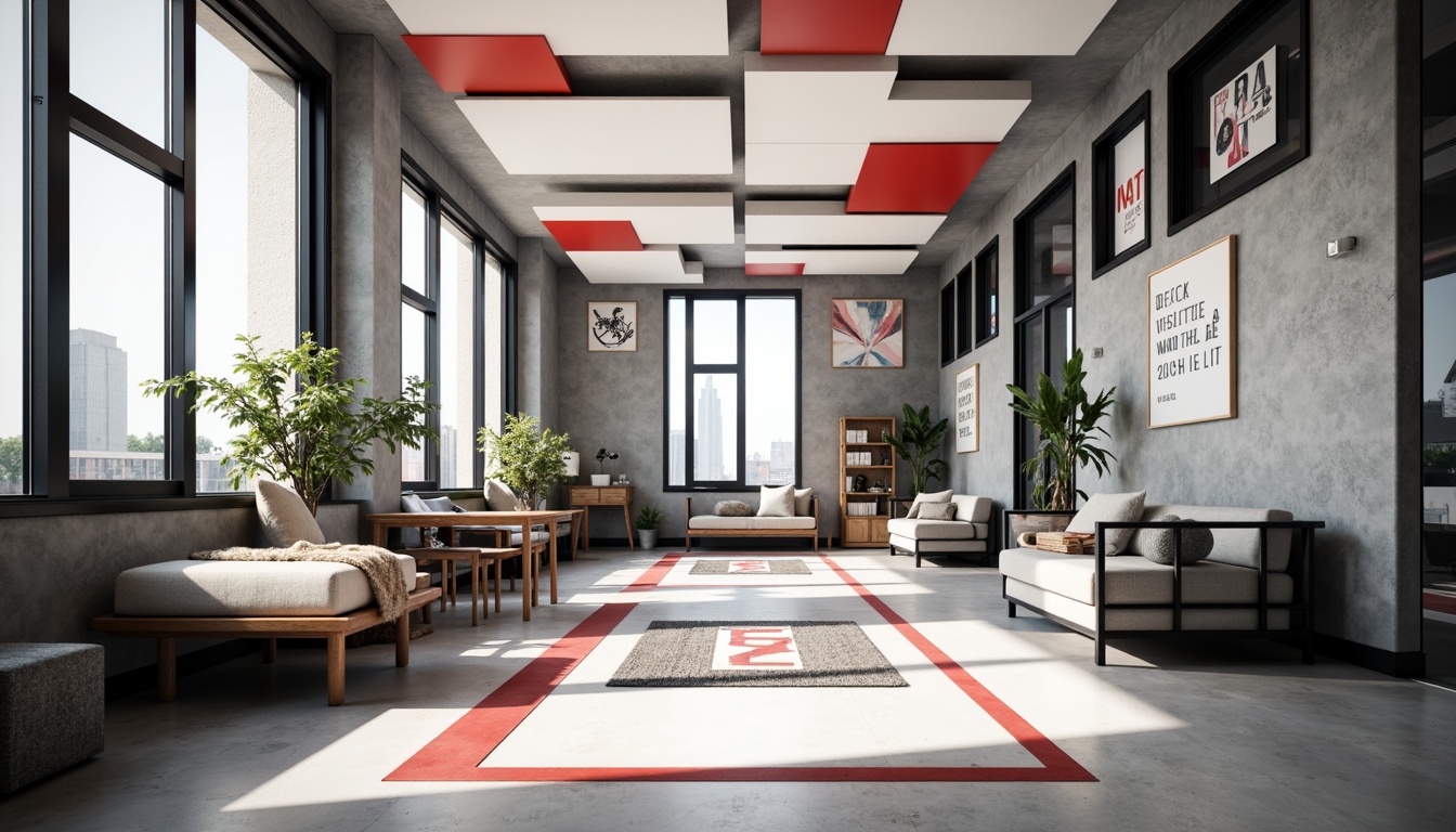 Prompt: Monochromatic dormitory, geometric shapes, angular lines, primary color accents, industrial metal frames, minimalist decor, functional furniture, rectangular windows, asymmetrical compositions, bold typography, abstract patterns, modernist aesthetic, warm softbox lighting, shallow depth of field, 1/1 composition, realistic textures, ambient occlusion.