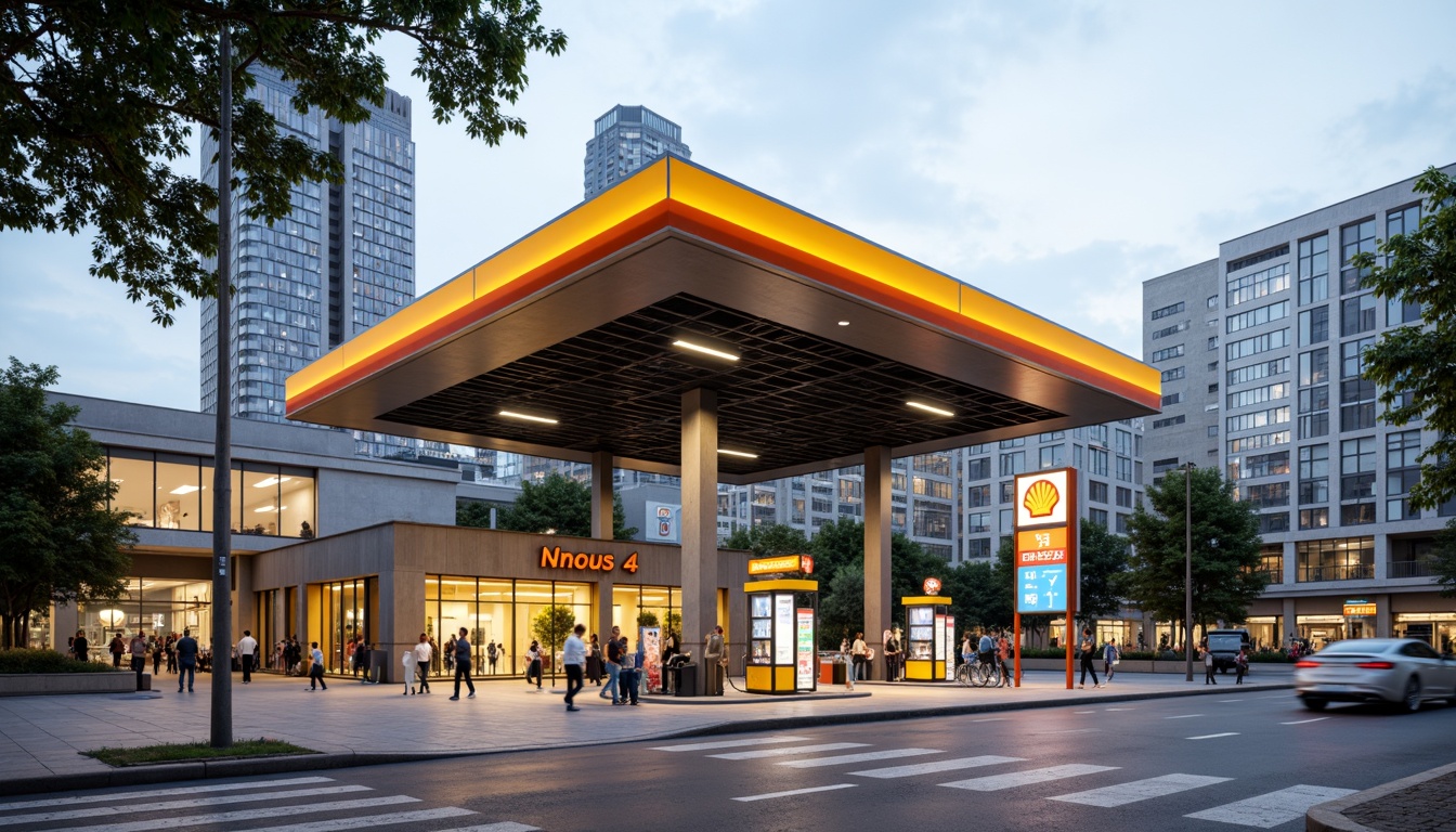 Prompt: Functional gas station, clean lines, minimalist architecture, industrial materials, steel beams, concrete floors, geometric shapes, primary color accents, bold typography, modernist design, ample natural light, open spaces, minimal ornamentation, functional layout, efficient operations, urban setting, busy streets, cityscape background, soft warm lighting, shallow depth of field, 3/4 composition, realistic textures, ambient occlusion.