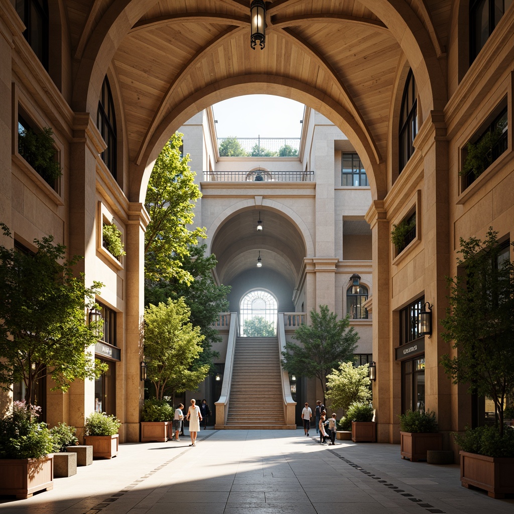 Prompt: Grand Romanesque metro station, ornate stone arches, intricate carvings, rusticated columns, vaulted ceilings, warm beige tones, lush greenery, flowering vines, pedestrian walkways, grand staircases, elegant lanterns, vintage-inspired signage, natural stone flooring, ambient soft lighting, subtle misting system, 1/1 composition, atmospheric perspective, realistic textures, detailed normal maps.