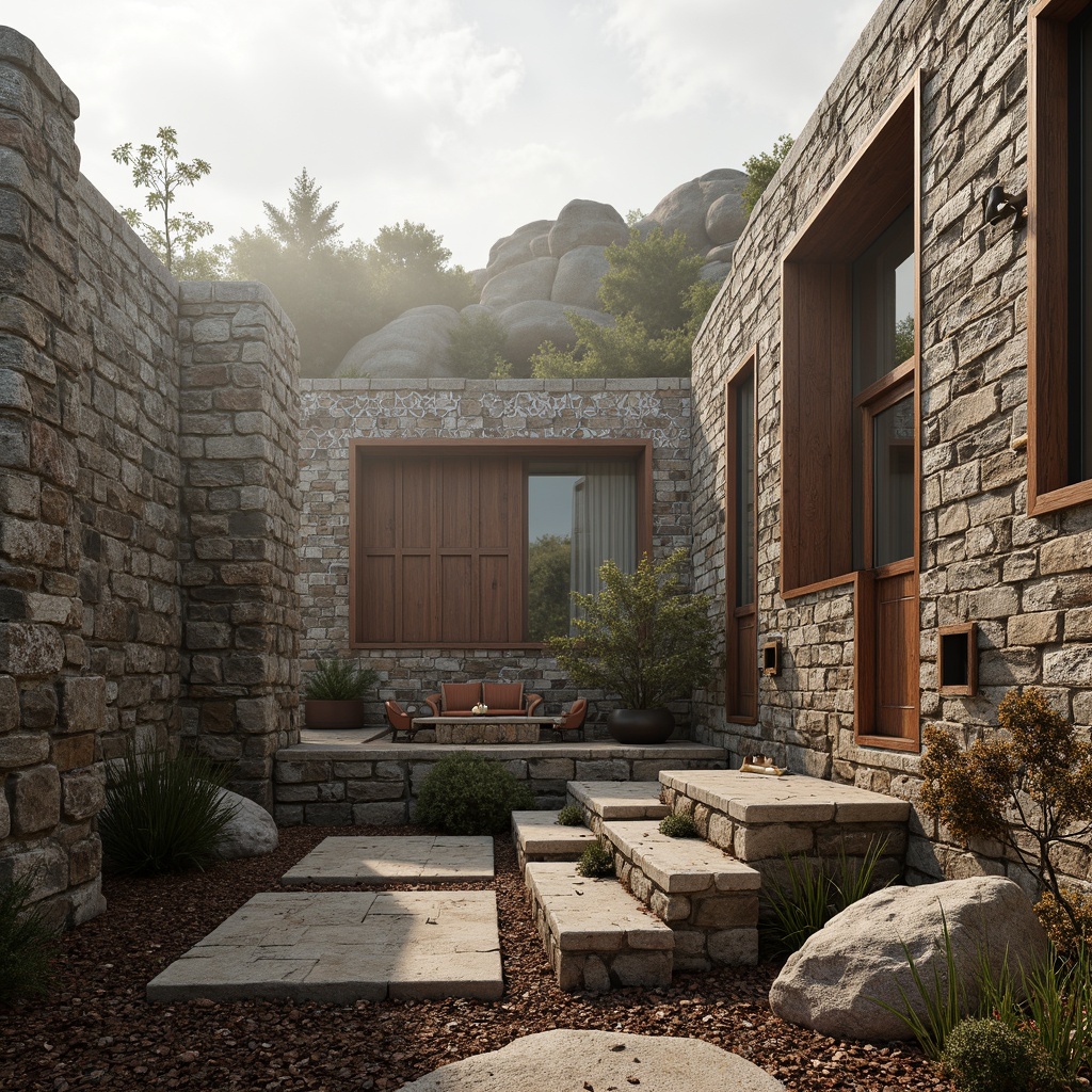 Prompt: Rough stone walls, weathered wooden planks, rusty metal panels, ornate ceramic tiles, intricate mosaic patterns, natural brick facades, earthy terrain, rocky outcrops, misty morning light, soft warm colors, shallow depth of field, 3/4 composition, panoramic view, realistic textures, ambient occlusion, modern architectural design, sustainable building materials, eco-friendly construction methods.