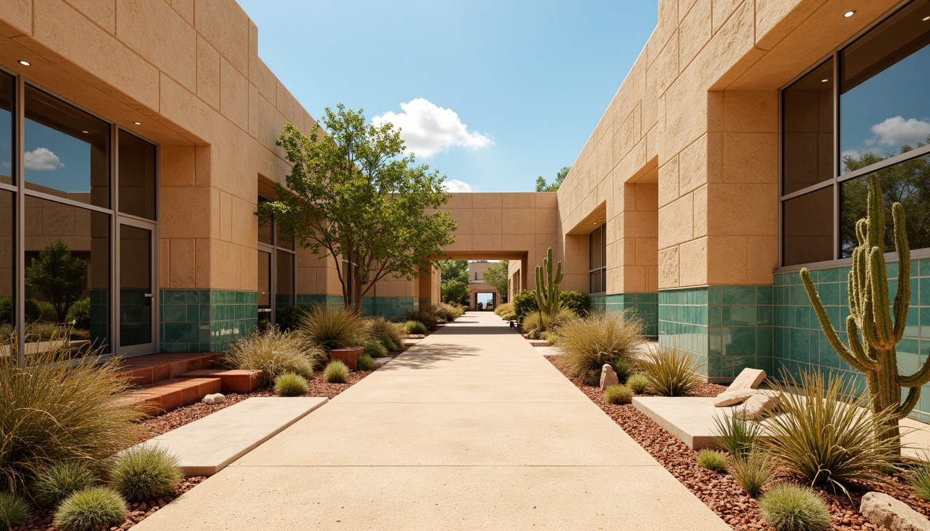 Prompt: Warm beige sandstone walls, turquoise glass tiles, rusty metal accents, sandy dune-inspired flooring, vibrant cactus greenery, hot sunny day ambiance, modern angular architecture, sleek stainless steel handrails, natural stone benches, desert landscape views, clear blue sky ceilings, warm LED lighting, shallow depth of field, 3/4 composition, panoramic view, realistic textures, ambient occlusion.