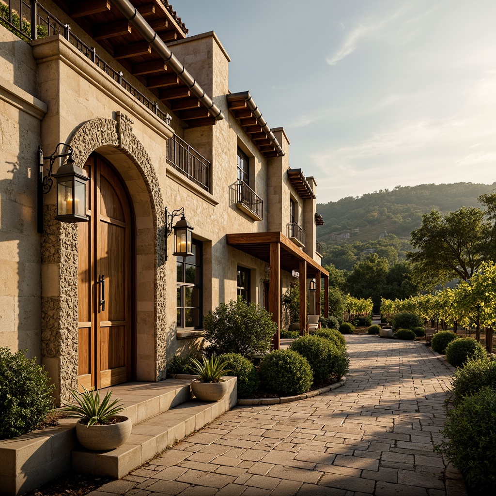 Prompt: Rustic winery estate, Mediterranean Revival architecture, ornate stone carvings, curved archways, wrought iron balconies, terra cotta roof tiles, distressed wooden doors, vintage metal lanterns, lush vineyards, rolling hills, sunny afternoon, warm golden lighting, shallow depth of field, 1/2 composition, dramatic shadows, rich textures, ambient occlusion.