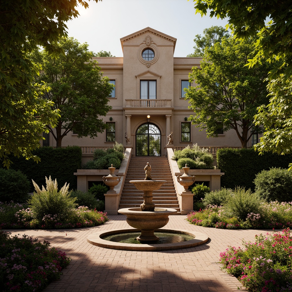 Prompt: Ornate fountain, grand staircase, lush greenery, vibrant flowers, majestic statues, intricately carved stone walls, rustic brick pathways, ornamental iron gates, dramatic spotlights, warm golden lighting, soft focus, shallow depth of field, 2/3 composition, symmetrical framing, realistic textures, ambient occlusion, European-inspired gardens, formal hedges, topiary trees, decorative urns, meandering walkways, serene atmosphere.