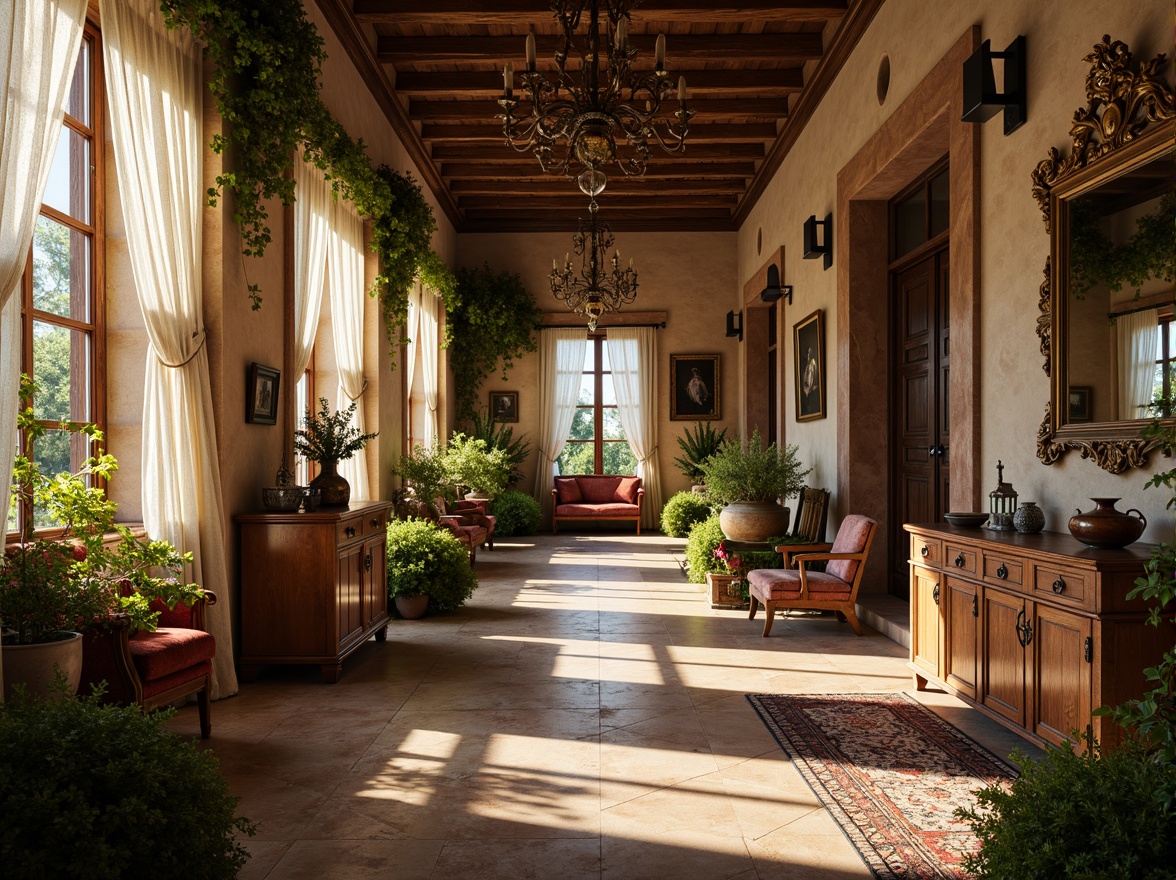 Prompt: Dreamy villa, soft warm sunlight, rustic stone walls, verdant ivy, delicate lace curtains, antique wooden furniture, distressed finishes, vintage decorative items, lavish chandeliers, grand staircases, ornate mirrors, rich velvet fabrics, intimate ambiance, subtle color palette, natural textures, earthy tones, gentle afternoon light, shallow depth of field, 1/1 composition, warm color temperature, romantic atmosphere.