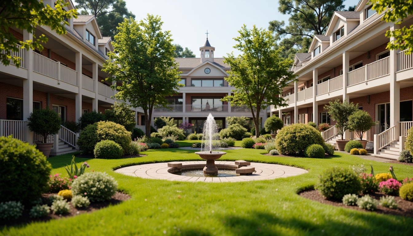 Prompt: Manicured lawns, ornate fountains, symmetrical gardens, classic Victorian architecture, brick facades, white picket fences, inviting porches, rustic wooden benches, vibrant flower arrangements, soft green grass, sunny afternoon, warm gentle lighting, shallow depth of field, 1/1 composition, realistic textures, ambient occlusion.