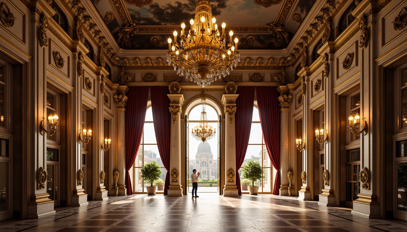 Prompt: Ornate Baroque palace, grandiose entrance gates, lavish gold accents, rich velvet drapes, intricate marble carvings, ornamental frescoes, majestic stone columns, opulent crystal chandeliers, warm golden lighting, soft focus, shallow depth of field, 1/1 composition, symmetrical framing, realistic textures, ambient occlusion.