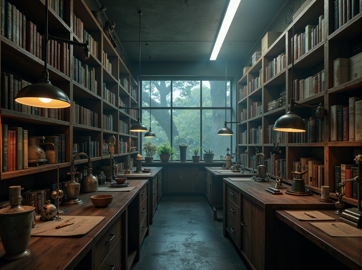 Prompt: \Moody atmospheric laboratory, Gainsboro-inspired color palette, muted earthy tones, rich charcoal grays, soft creamy whites, warm beige accents, subtle blue undertones, vintage scientific equipment, distressed wooden shelves, worn leather-bound books, ornate metal fixtures, mysterious dim lighting, dramatic shadows, atmospheric fog, cinematic composition, realistic textures, high contrast ratio.\