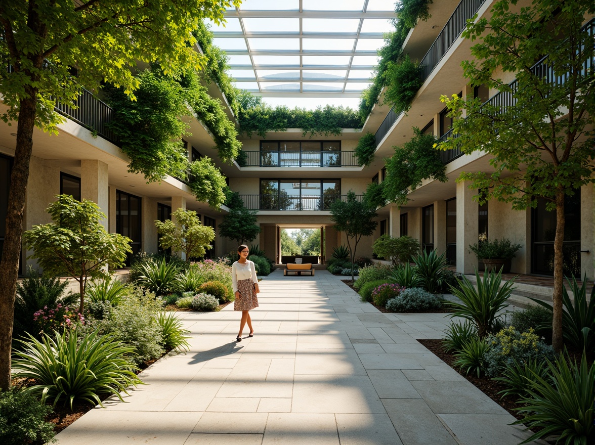 Prompt: Vibrant atrium, lush green walls, natural stone floors, large skylights, floor-to-ceiling windows, open floor plans, airy interiors, soft warm lighting, gentle shadows, minimalist decor, organic textures, earthy color palette, botanical patterns, wooden accents, nature-inspired art pieces, sunny day, shallow depth of field, 1/1 composition, panoramic view, realistic reflections.