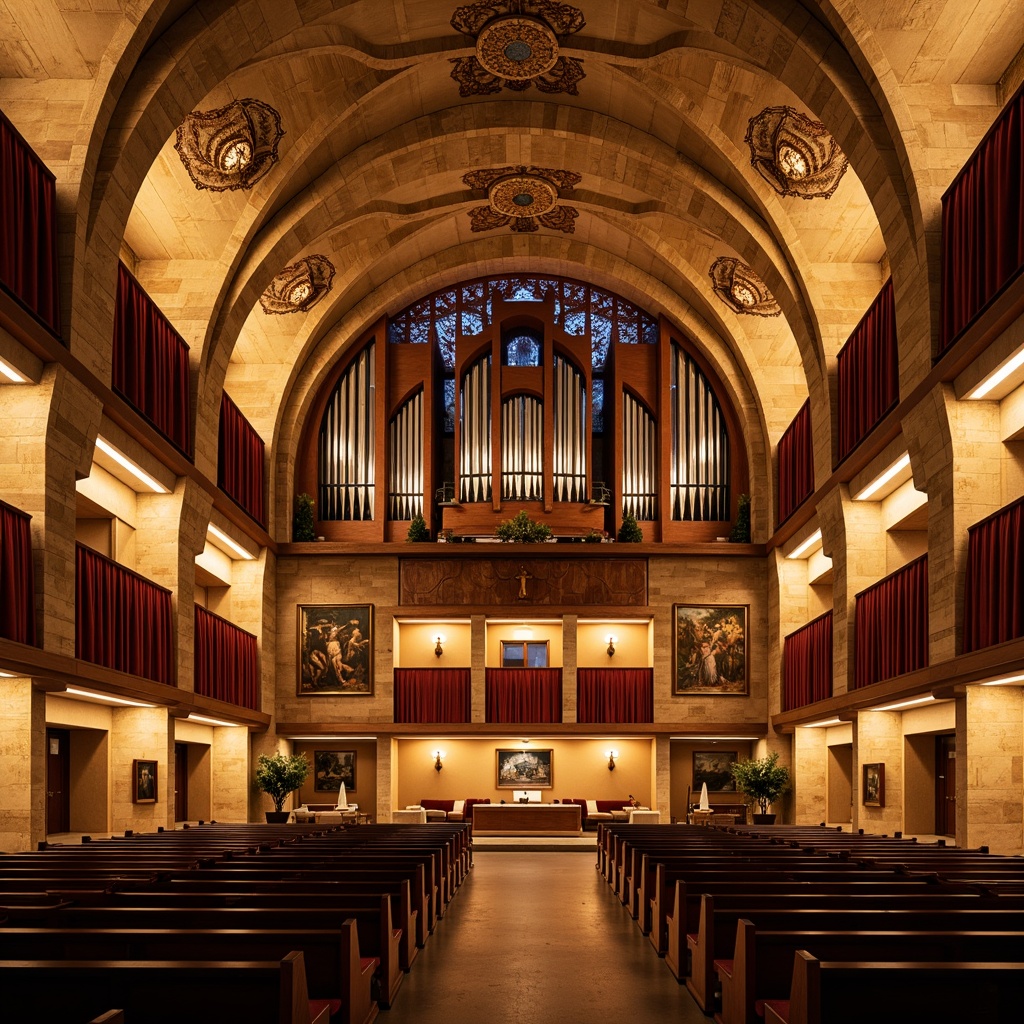 Prompt: Romanesque-style auditorium, arched ceilings, stone walls, ornate carvings, warm golden lighting, wooden pews, red velvet curtains, grand pipe organs, intricate mosaics, natural reverberation, medium-sized audience, speech clarity, optimal sound reflection, diffused echoes, subtle resonance, warm ambiance, detailed textures, realistic materials, soft shadows, 1/2 composition, warm color palette, inviting atmosphere.