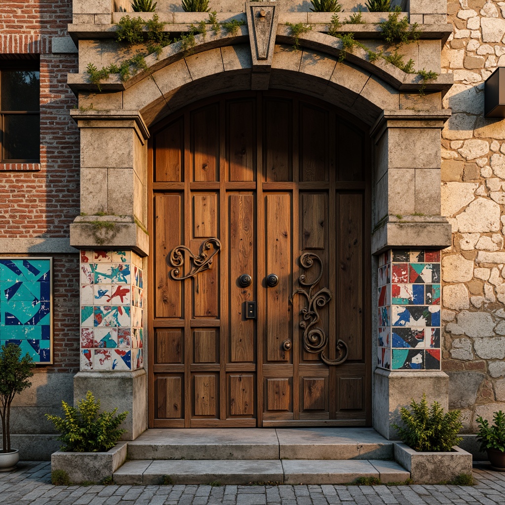 Prompt: Rough stone walls, distressed wood planks, rusty metal gates, ornate ceramic tiles, intricately carved wooden doors, vibrant graffiti murals, peeling paint textures, weathered brick facades, moss-covered concrete blocks, abstract geometric patterns, warm golden lighting, shallow depth of field, 1/1 composition, realistic renderings, ambient occlusion.