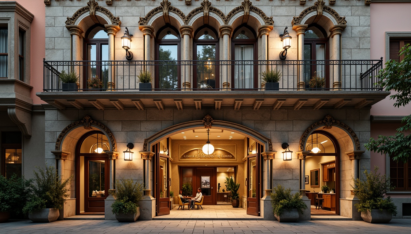 Prompt: Ornate dental clinic facade, Renaissance-style architecture, intricately carved stonework, ornamental columns, grand entranceways, decorative balconies, arched windows, stained glass details, rustic stone walls, earthy color palette, vintage-inspired signage, elegant lanterns, symmetrical composition, warm golden lighting, shallow depth of field, 2/3 composition, realistic textures, ambient occlusion.