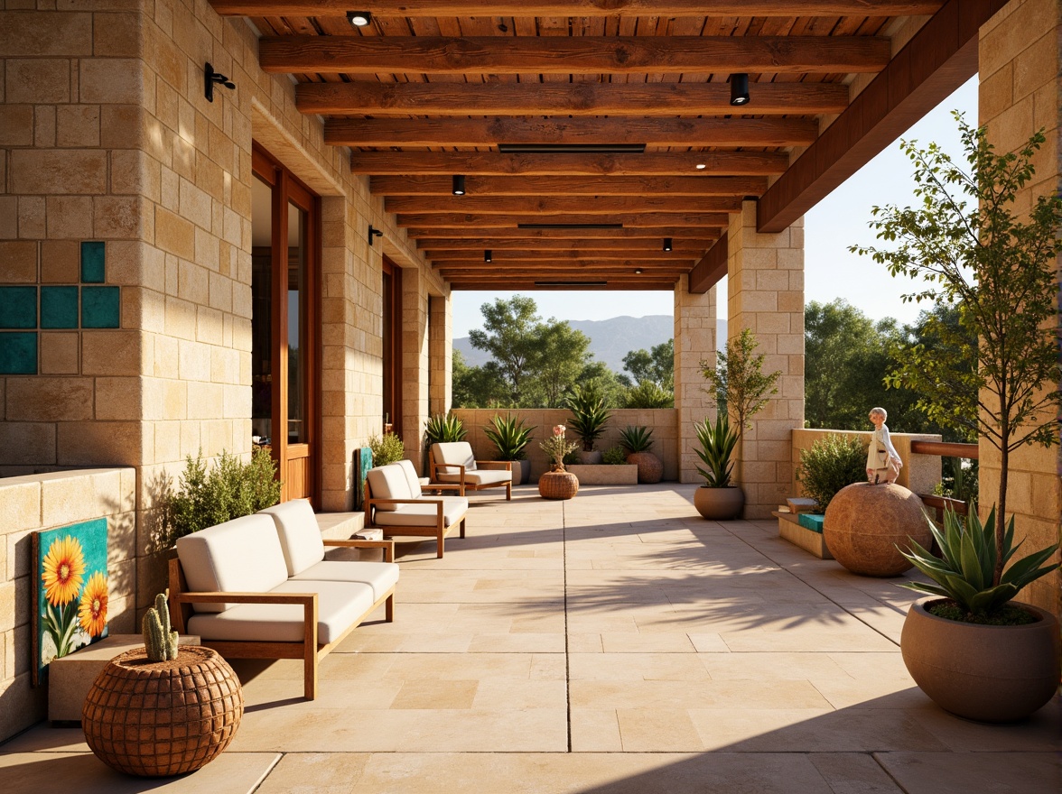 Prompt: Warm beige sandstone walls, earthy terracotta accents, vibrant turquoise glass mosaics, rusty metal beams, sun-bleached wooden benches, cactus-inspired planters, desert bloom patterns, warm golden lighting, shallow depth of field, 1/1 composition, realistic textures, ambient occlusion.