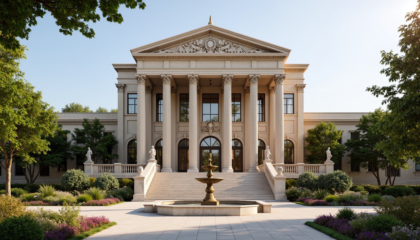 Prompt: Grand courthouse building, Neoclassical facade, ornate columns, carved stone details, symmetrical architecture, elegant entrance, bronze doors, granite steps, formal landscaping, lush greenery, vibrant flowers, classical sculptures, monumental fountain, sunny day, soft warm lighting, shallow depth of field, 1/1 composition, realistic textures, ambient occlusion.