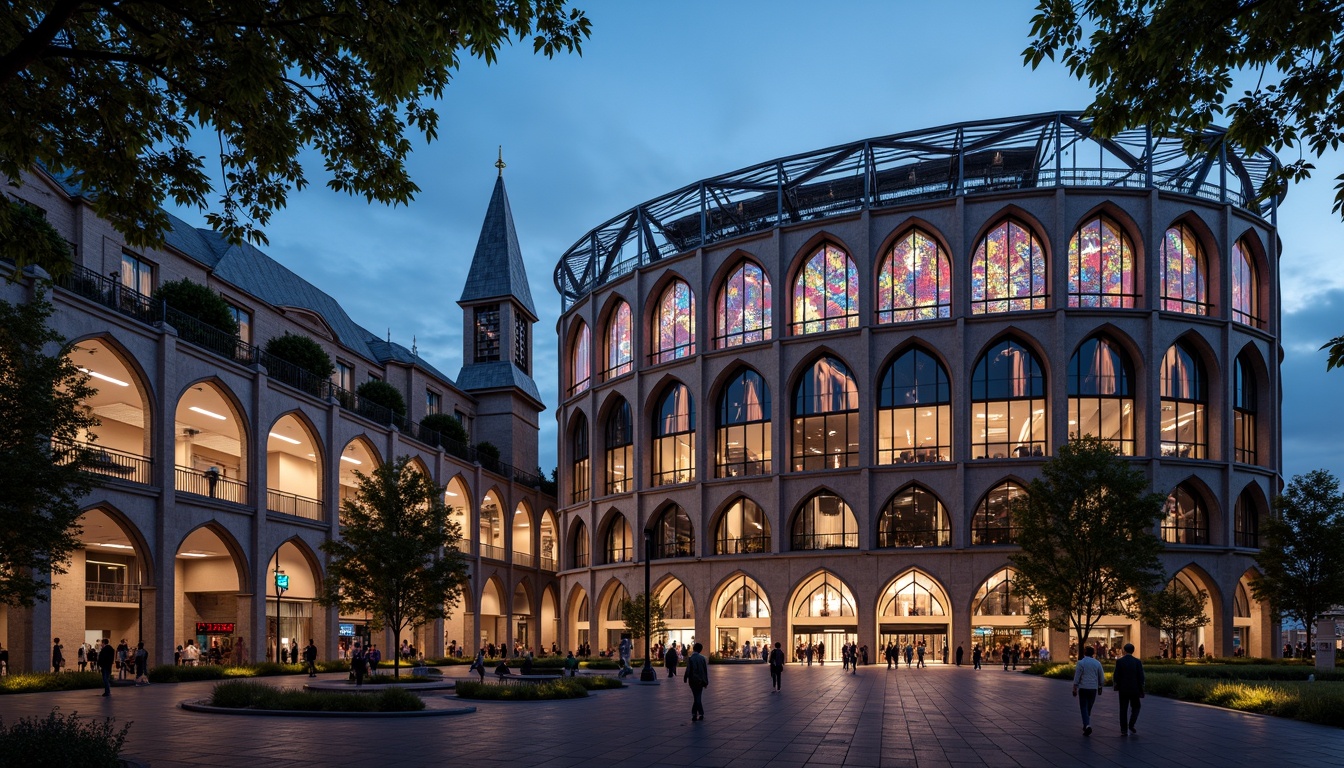 Prompt: Gothic-style sports stadium, grandiose entrance, pointed arches, ribbed vaults, flying buttresses, intricate stone carvings, vibrant stained glass windows, modern steel framework, innovative roof structure, cantilevered upper deck, panoramic views, dramatic lighting effects, warm evening atmosphere, shallow depth of field, 1/2 composition, realistic textures, ambient occlusion.