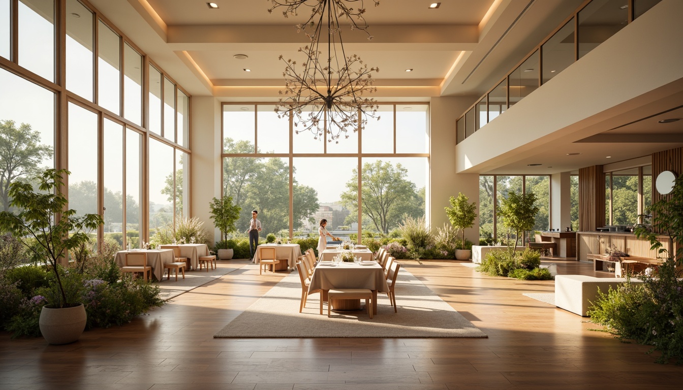 Prompt: Spacious dining hall, high ceilings, large windows, sliding glass doors, minimalist decor, reflective surfaces, cream-colored walls, polished wooden floors, elegant chandeliers, soft warm lighting, morning sunlight, afternoon ambiance, indirect natural light, subtle shadows, 1/2 composition, symmetrical layout, airy atmosphere, fresh greenery, potted plants, natural textiles, organic materials.