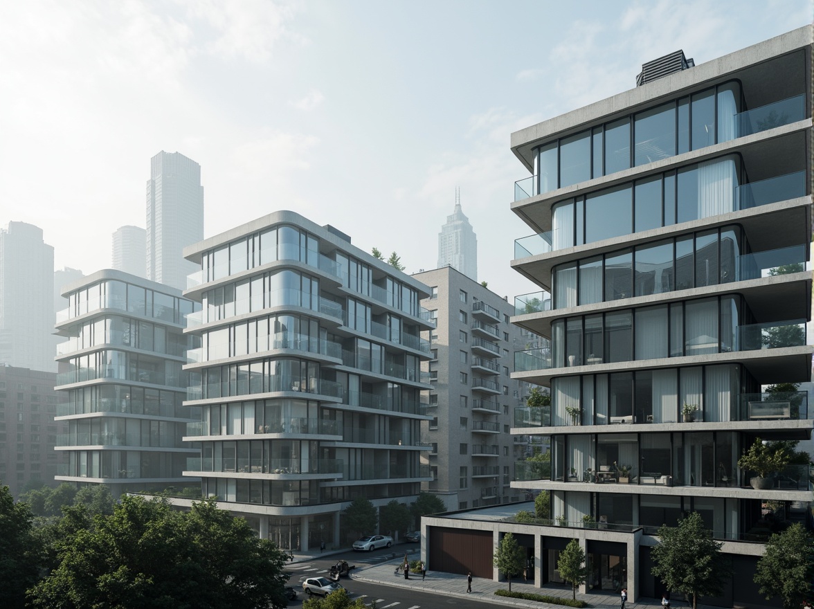 Prompt: Glass curtain walls, minimalist ornamentation, clean lines, rectangular forms, flat roofs, cantilevered balconies, steel frames, industrial materials, urban cityscape, morning mist, soft natural light, shallow depth of field, 2/3 composition, symmetrical arrangement, monochromatic color scheme, reflective surfaces, brutalist textures, abstract patterns, Le Corbusier-inspired design, functional simplicity, open floor plans, airy interior spaces, modern art installations.