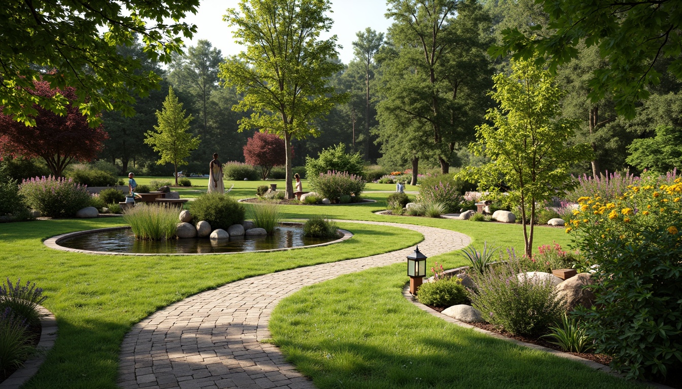 Prompt: Serene natural ambiance, lush green grass, vibrant colorful flowers, meandering pathways, tranquil water features, wooden benches, ornamental lanterns, rustic stone walls, curved lines, organic shapes, harmonious color palette, soft warm lighting, shallow depth of field, 3/4 composition, panoramic view, realistic textures, ambient occlusion.