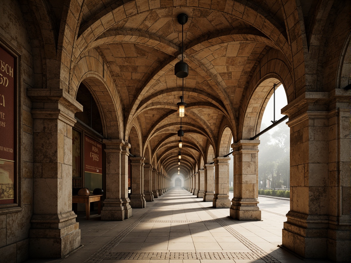 Prompt: Rustic metro station, Romanesque style architecture, arched vaults, thick stone walls, ornate carvings, intricate stonework patterns, grand entrance halls, high ceilings, imposing columns, decorative capitals, rough-hewn stone textures, warm earthy tones, soft diffused lighting, atmospheric mist, shallow depth of field, 2/3 composition, symmetrical framing, realistic stone details, ambient occlusion.