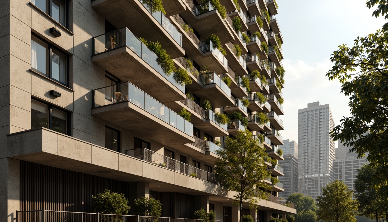 Prompt: Elegant building facade, ornate details, subtle textures, metallic accents, floor-to-ceiling windows, cantilevered balconies, modern minimalist aesthetic, earthy color palette, natural stone cladding, glass railings, lush greenery, vertical gardens, urban cityscape, morning sunlight, soft warm lighting, shallow depth of field, 3/4 composition, panoramic view, realistic textures, ambient occlusion.