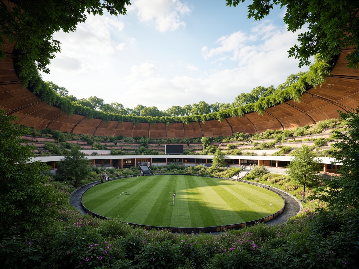 Prompt: Eco-friendly stadium, lush green roofs, organic curves, natural ventilation systems, recycled materials, energy-harvesting fa\u00e7ades, solar panels, wind turbines, rainwater collection systems, living walls, green spaces, vibrant floral patterns, warm wood accents, soft indirect lighting, shallow depth of field, 3/4 composition, panoramic view, realistic textures, ambient occlusion.