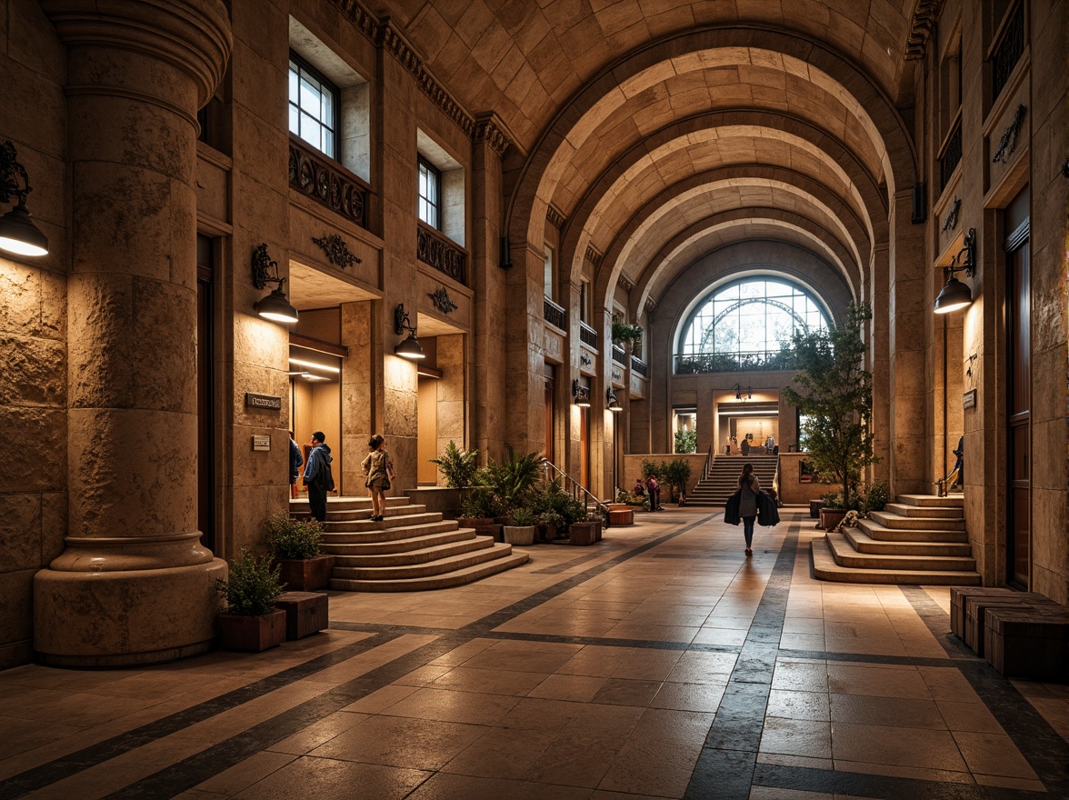 Prompt: Grandiose metro station, rusticated stone walls, ornate arches, ribbed vaults, sturdy columns, intricate carvings, warm earthy tones, rich textures, Mediterranean Revival influence, grand staircases, expansive platforms, detailed moldings, subtle lighting, atmospheric ambiance, 1/2 composition, realistic stonework, ambient occlusion.