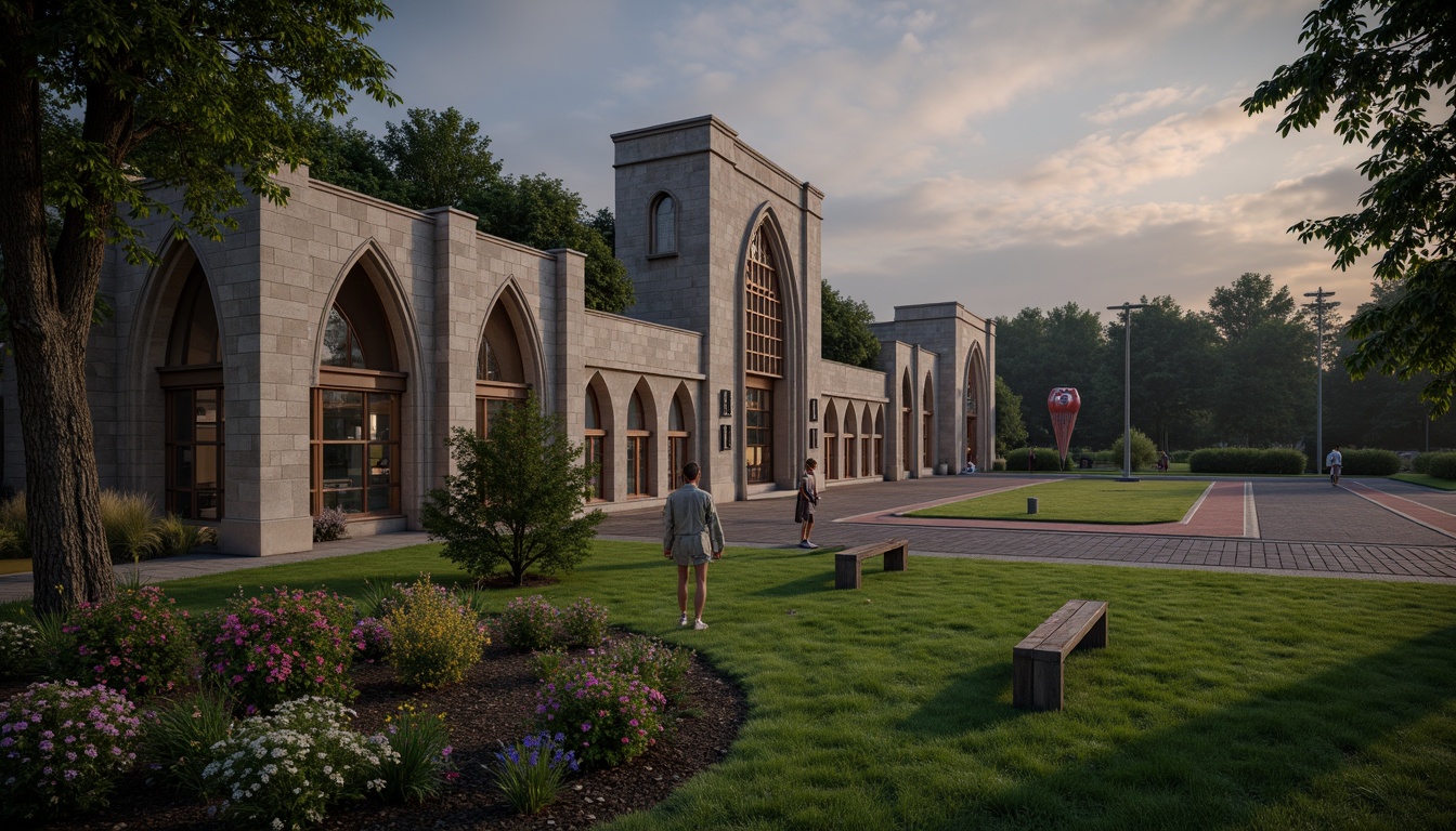 Prompt: Mysterious Gothic arches, ornate stone carvings, grandiose entrance gates, lush green grass, vibrant flowers, athletic tracks, sports equipment, medieval-inspired benches, dramatic floodlights, misty evening atmosphere, shallow depth of field, 1/1 composition, symmetrical framing, warm golden lighting, realistic textures, ambient occlusion.