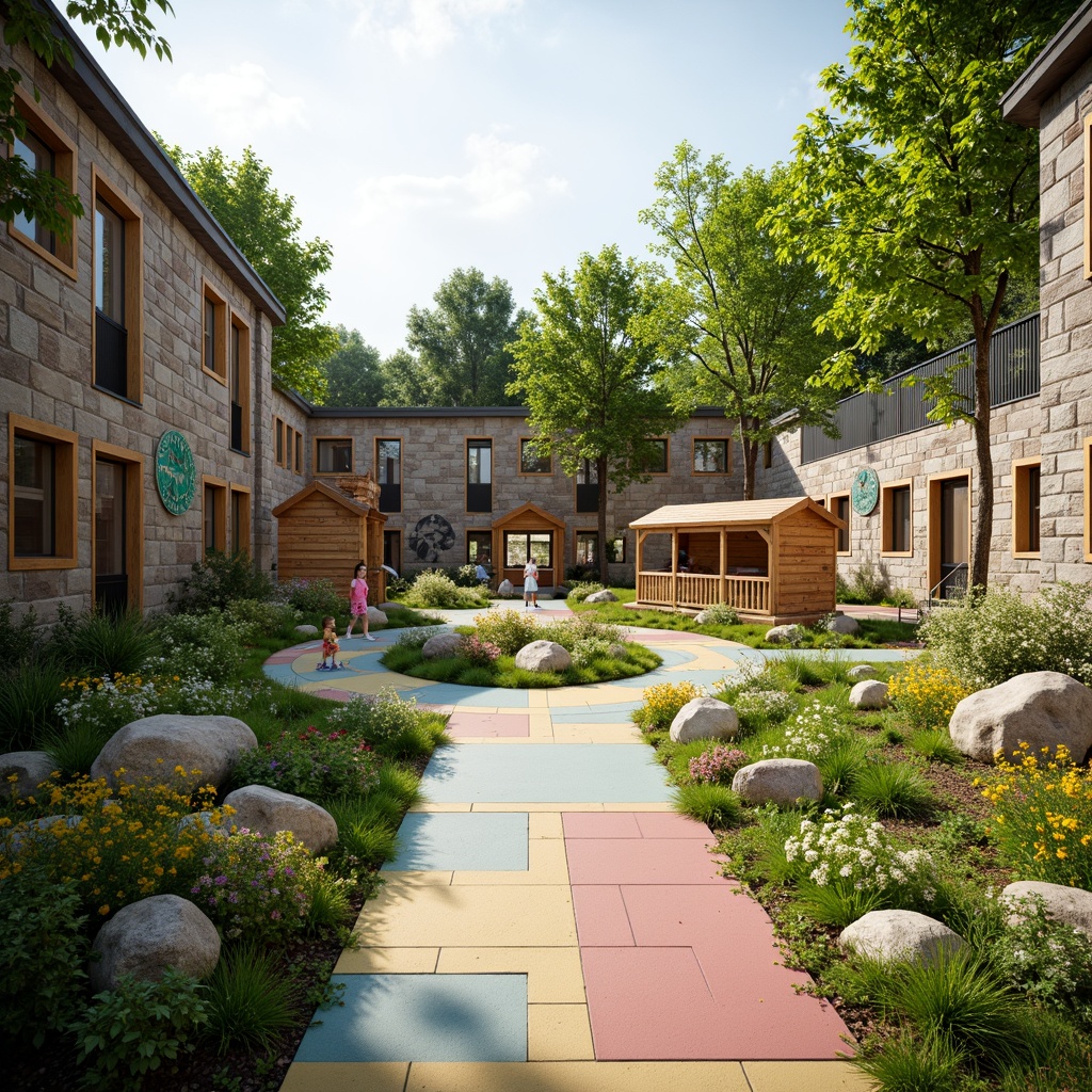 Prompt: Vibrant kindergarten playground, natural stone walls, green roof gardens, blooming flowers, wooden playhouses, winding tree-lined pathways, educational signage, outdoor classrooms, nature-inspired murals, colorful tiles, soft warm lighting, shallow depth of field, 3/4 composition, panoramic view, realistic textures, ambient occlusion.