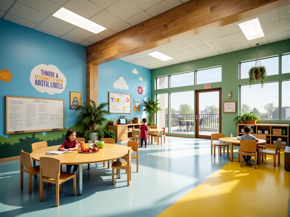 Prompt: Vibrant elementary school, playful color scheme, bright corridors, educational murals, interactive whiteboards, ergonomic furniture, natural wood accents, calming blue tones, stimulating yellow hues, inspirational quotes, motivational posters, collaborative learning spaces, open classrooms, abundant natural light, softbox lighting, subtle texture overlays, moderate contrast ratio, 2/3 composition, harmonious color harmony.