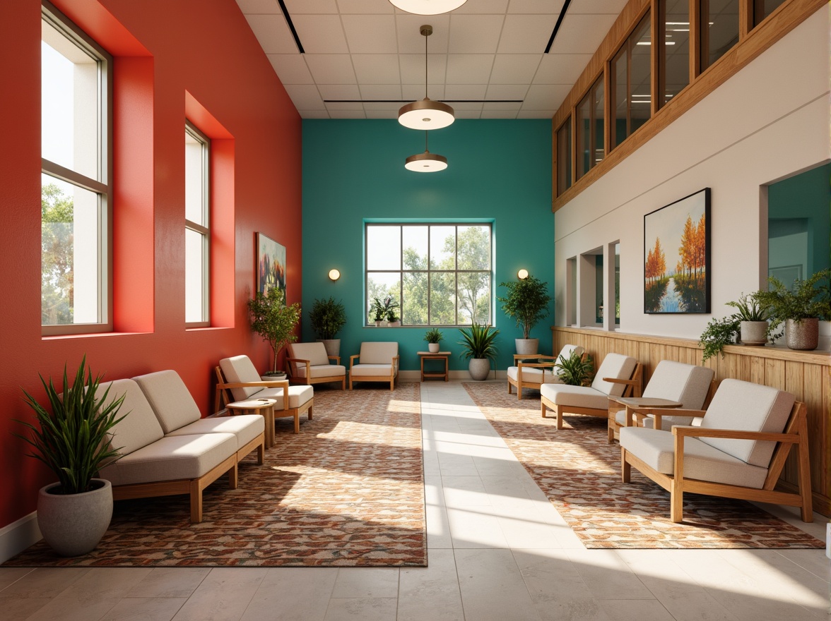 Prompt: Vibrant clinic interior, eclectic style, bold color palette, bright coral walls, soothing turquoise accents, warm beige furniture, rich wood tones, natural stone floors, geometric patterned rugs, abstract artwork, modern lighting fixtures, minimalist decor, airy waiting area, comfortable seating, calming atmosphere, softbox lighting, 1/1 composition, shallow depth of field, realistic textures.