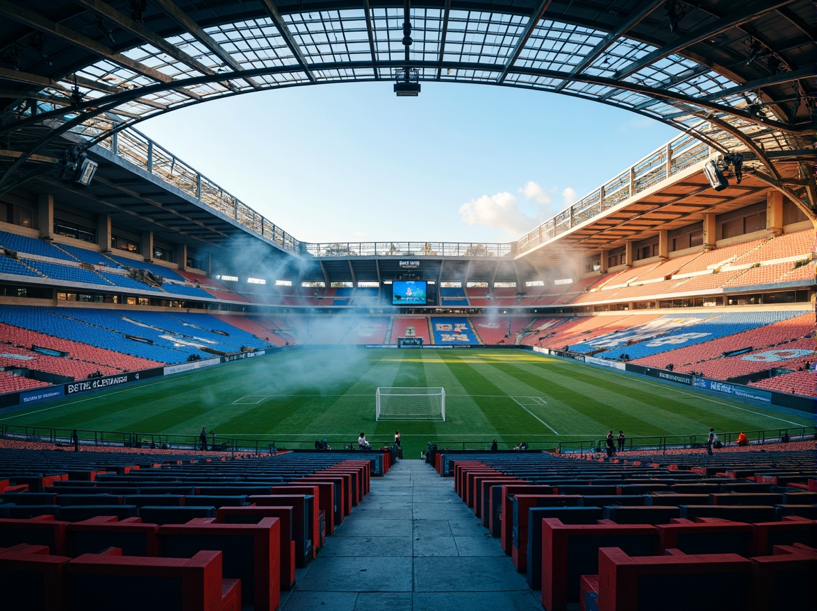 Prompt: Vibrant sports stadium, dynamic seating areas, electric blue accents, warm golden lighting, lush green grass fields, bold red goalposts, sleek silver railings, modern concrete architecture, abstract geometric patterns, atmospheric mist effects, dramatic spotlights, 1/1 composition, shallow depth of field, realistic textures, ambient occlusion.