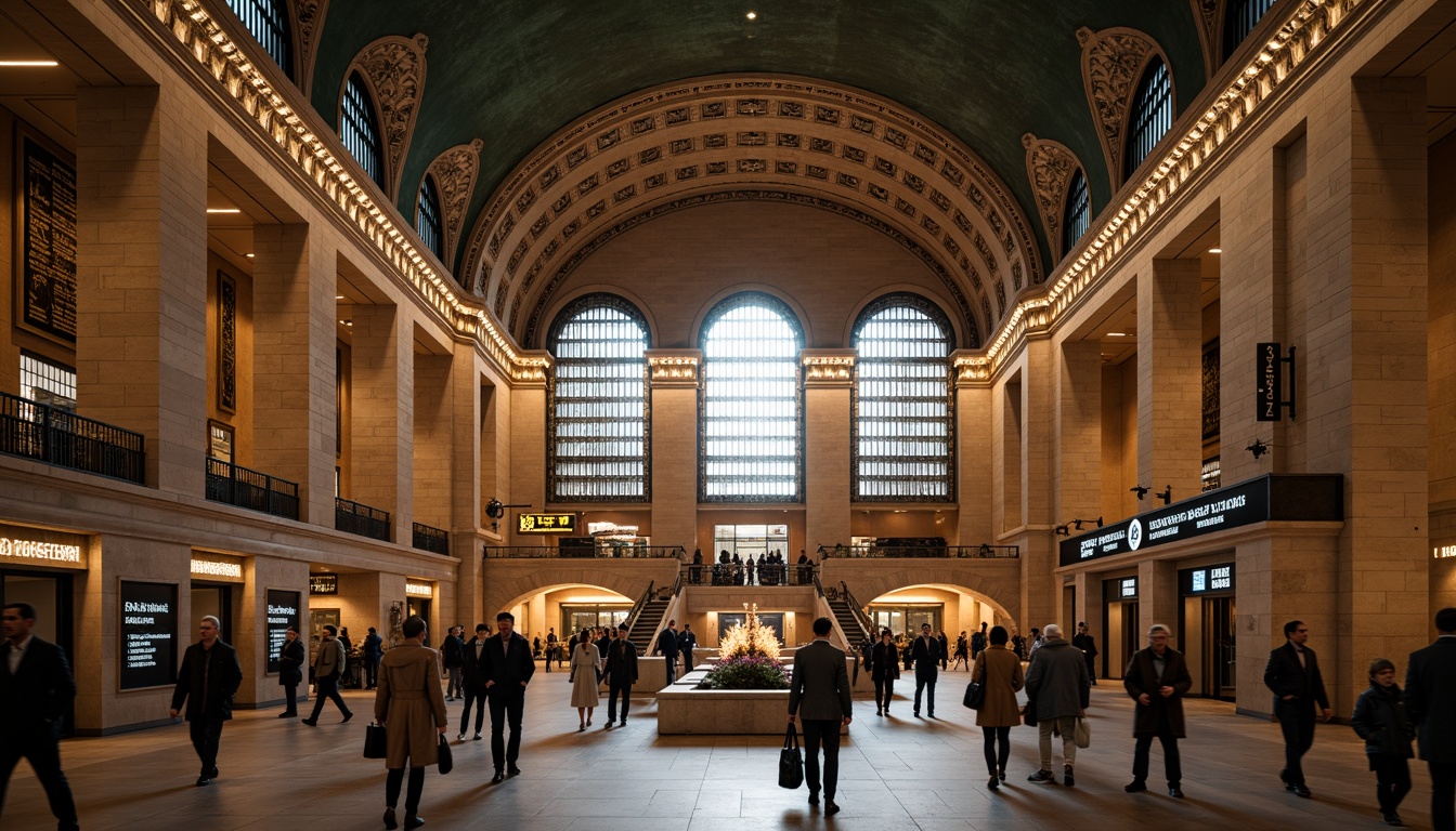 Prompt: Grand metro station, Romanesque archways, ornate stone carvings, vaulted ceilings, elegant chandeliers, intricate mosaic patterns, rustic brick walls, dramatic staircase, bustling urban atmosphere, morning rush hour, soft warm lighting, shallow depth of field, 3/4 composition, symmetrical architecture, realistic textures, ambient occlusion.