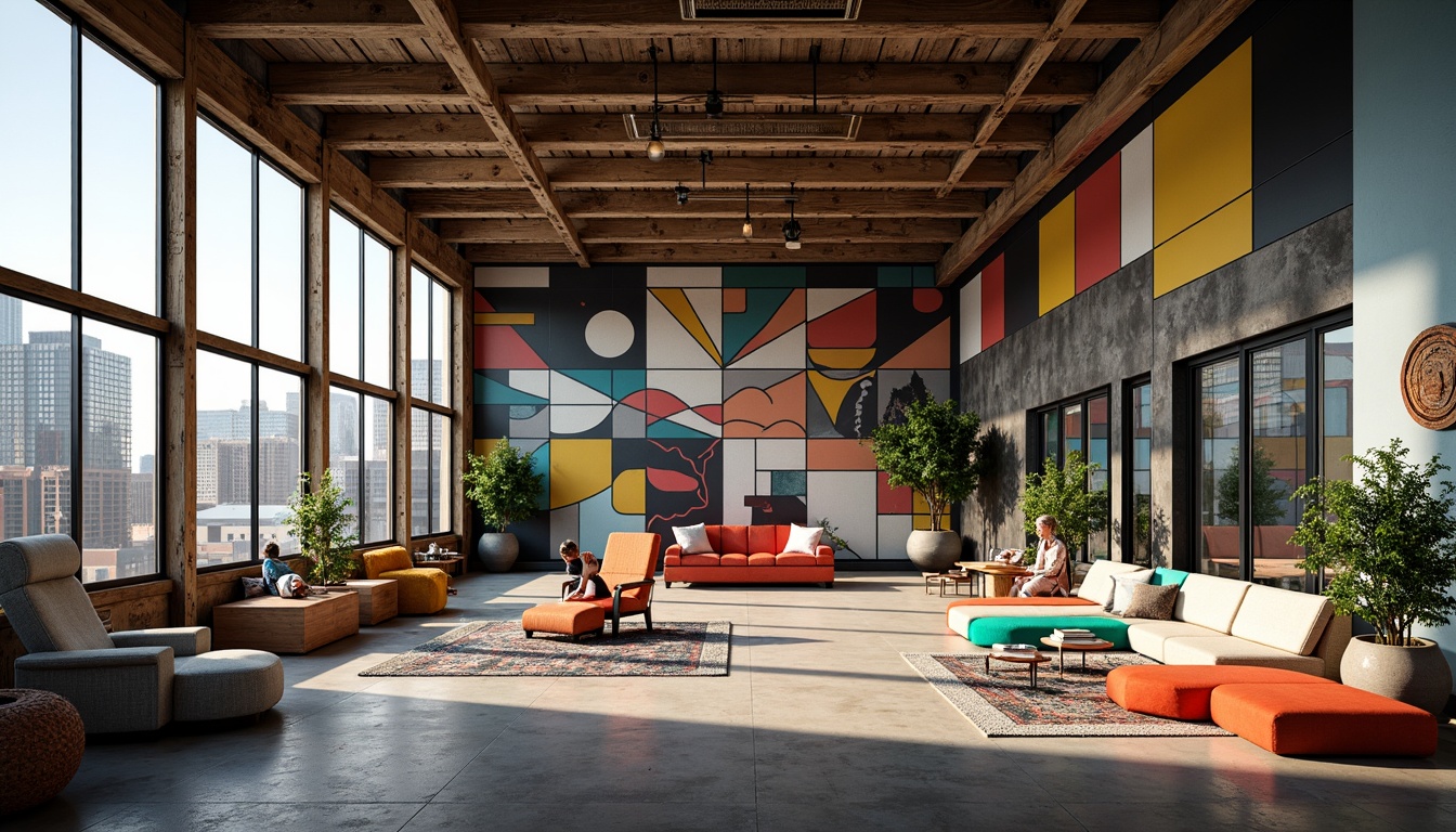 Prompt: Eclectic building, irregular shapes, vibrant color schemes, mixed materiality, industrial metal beams, reclaimed wood accents, abstract artwork, eclectic furniture pieces, oversized windows, natural light pouring in, urban cityscape views, 1/1 composition, softbox lighting, subtle shadows, intricate textures, ambient occlusion.