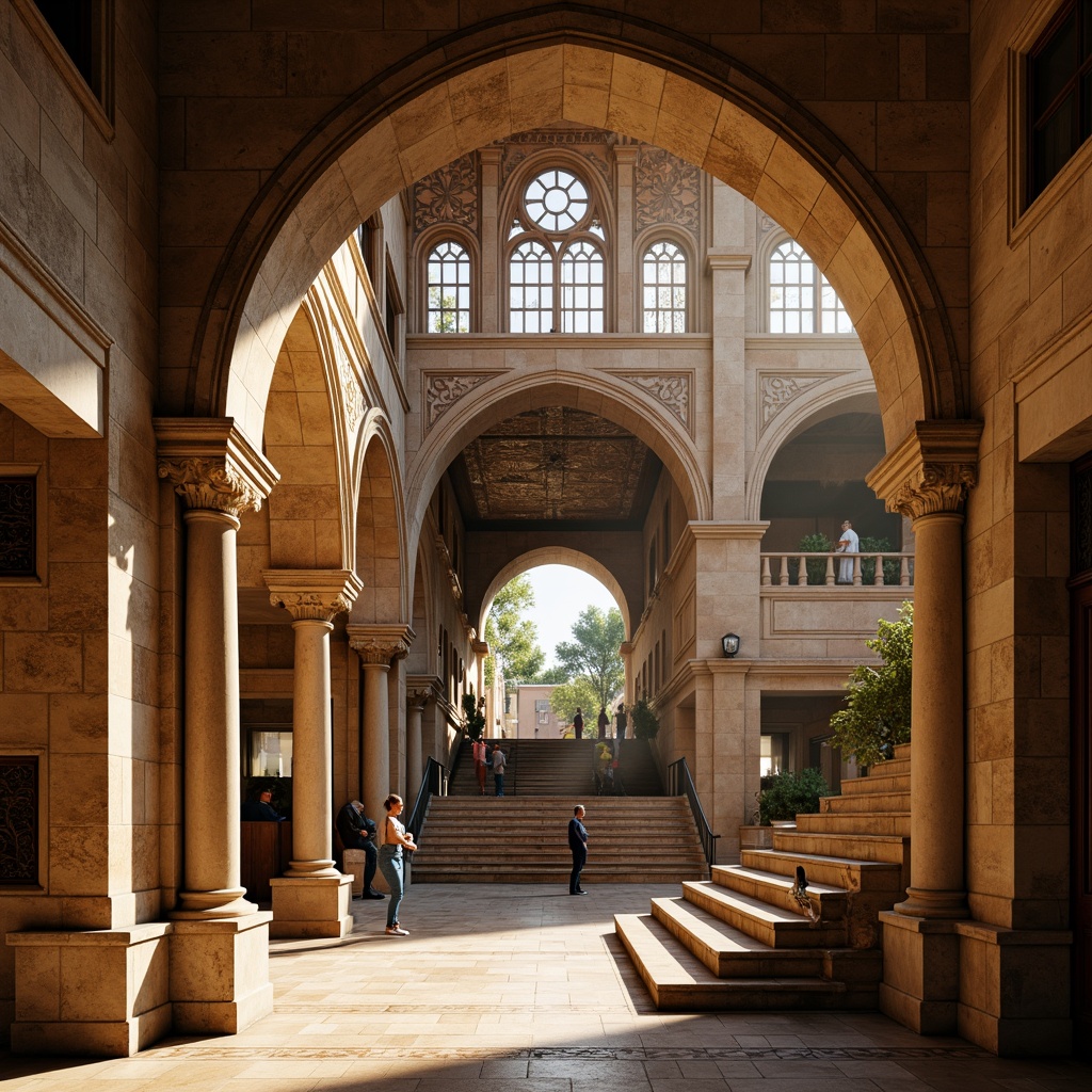 Prompt: Grand museum entrance, Romanesque archways, ornate stone carvings, vaulted ceilings, grand staircases, intricate mosaics, stained glass windows, warm golden lighting, rustic stone walls, classical columns, ornate capitals, subtle texture details, shallow depth of field, 1/1 composition, symmetrical framing, natural ambient occlusion.