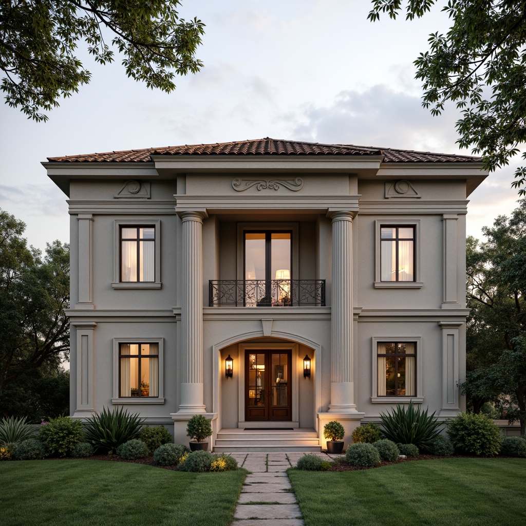 Prompt: Elegant residential facade, classical columns, ornate details, neutral color palette, stone cladding, symmetrical composition, balanced proportions, grand entrance, decorative doorways, arched windows, intricate moldings, subtle cornices, rustic roof tiles, lush greenery, manicured lawns, serene atmosphere, soft warm lighting, shallow depth of field, 1/1 composition, realistic textures, ambient occlusion.