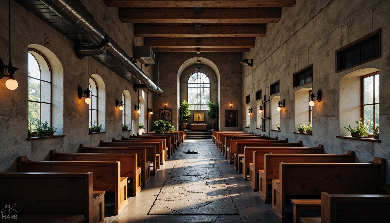 Prompt: Rustic church interior, brutalist architecture, raw concrete walls, rugged stone floors, minimalist decor, industrial-style lighting fixtures, exposed ductwork, bold color palette, deep blues, rich reds, earthy tones, warm golden hues, dramatic shadows, high ceilings, grandiose arches, stained glass windows, ornate wooden pews, solemn atmosphere, soft natural light, shallow depth of field, 1/2 composition, realistic textures, ambient occlusion.