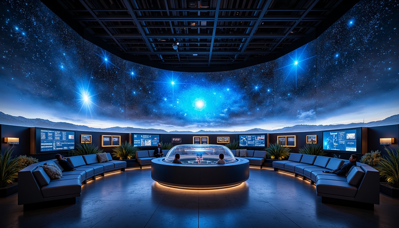 Prompt: Cosmic planetarium, minimalist architecture, sleek metal structures, circular dome shapes, starry night sky projections, 360-degree panoramic views, comfortable seating areas, ambient LED lighting, futuristic control panels, interactive exhibit displays, informative signage, polished concrete floors, dark blue ceilings, neon-lit constellations, realistic astronomical visuals, shallow depth of field, 1/2 composition, soft focus effects, vibrant color grading.