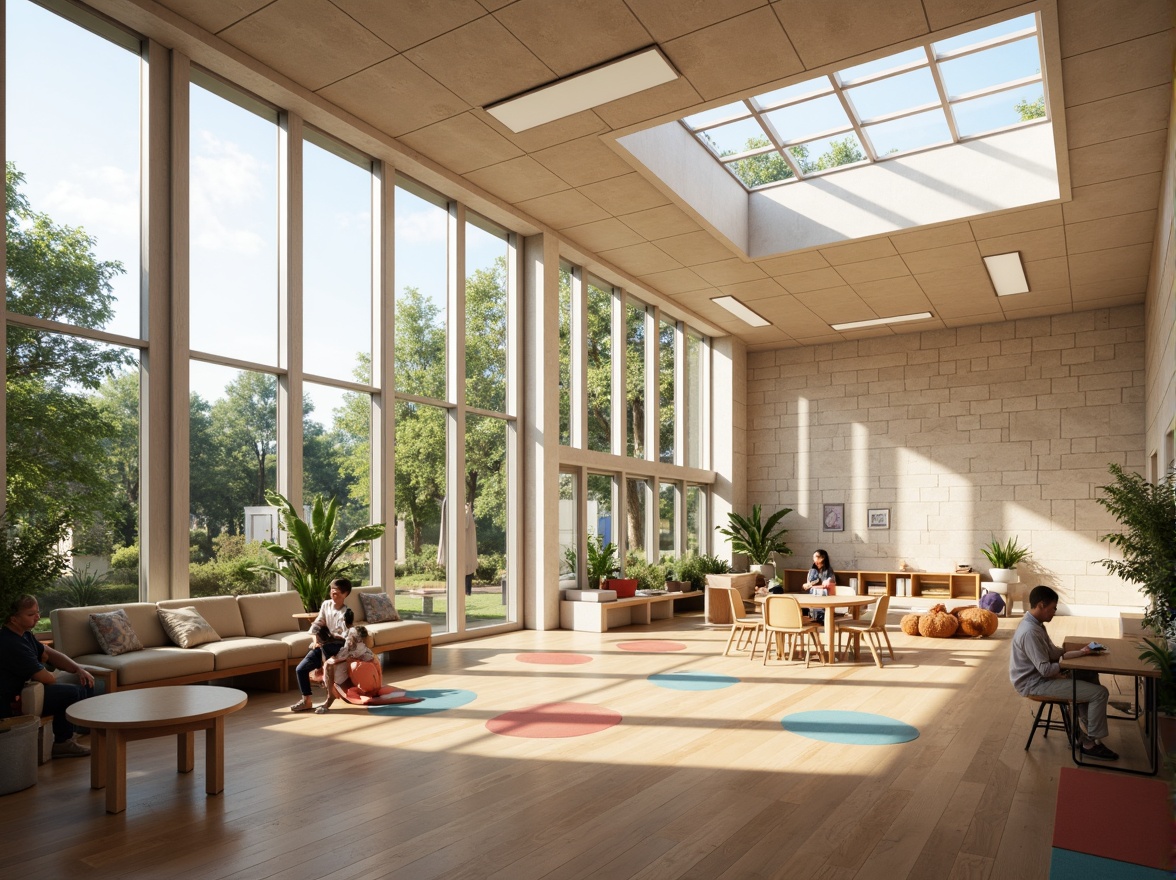 Prompt: Brightly lit classrooms, large windows, skylights, clerestory windows, natural stone walls, wooden floors, minimal obstructions, open floor plans, collaborative learning spaces, modern educational furniture, colorful textiles, greenery accents, soft warm lighting, shallow depth of field, 3/4 composition, panoramic view, realistic textures, ambient occlusion.