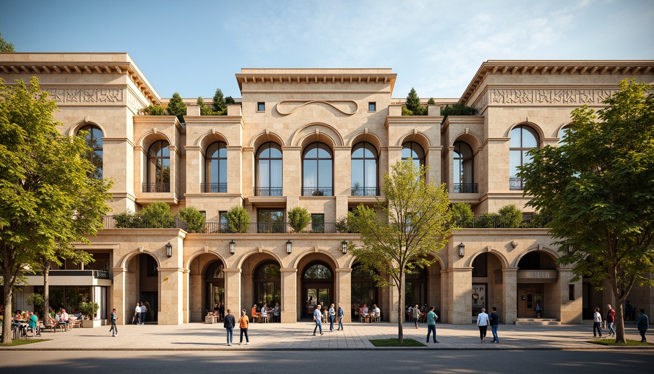 Prompt: Historic monument facades, social housing complex, warm beige stone walls, ornate classical details, grand archways, symmetrical compositions, rustic brick textures, verdant green roofs, communal outdoor spaces, vibrant street art, urban cityscape, sunny afternoon light, soft warm shadows, 1/2 composition, realistic material rendering, ambient occlusion.